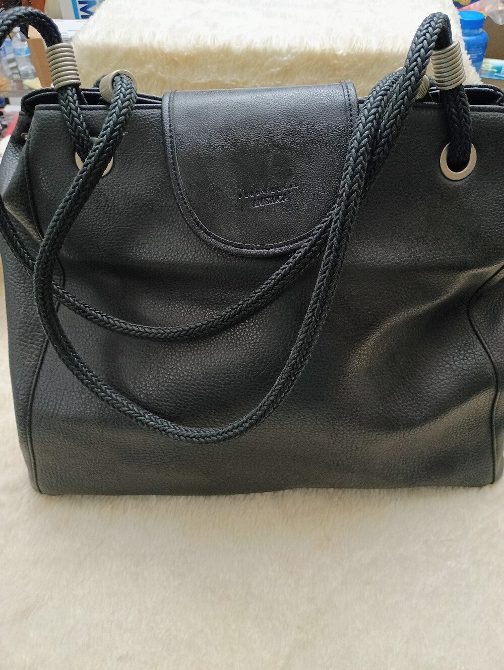 Vintage 90s Perry Ellis America Black Pebbled Tote Bag - Braided Straps